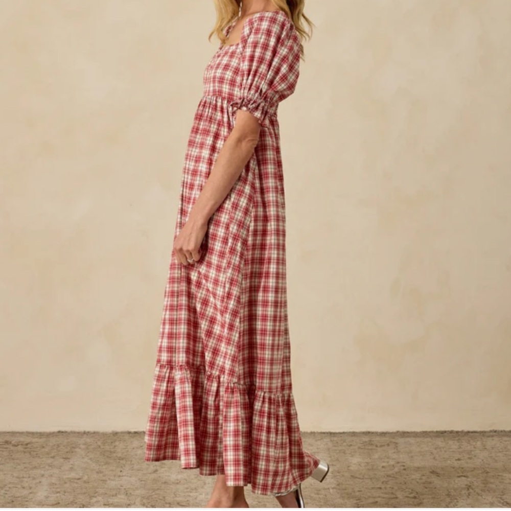 Red Plaid Midi Dress with Puff Sleeves - Picture 2 of 3